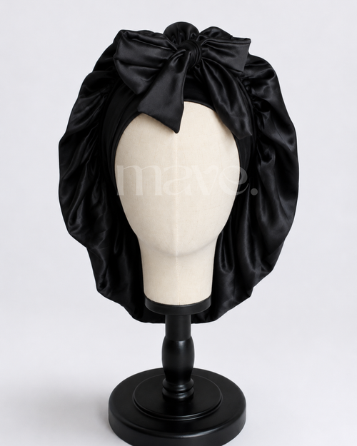 *PRE-ORDER* Oversized Silk Bonnet with Wide Ribbon Adjustable Tie - Black